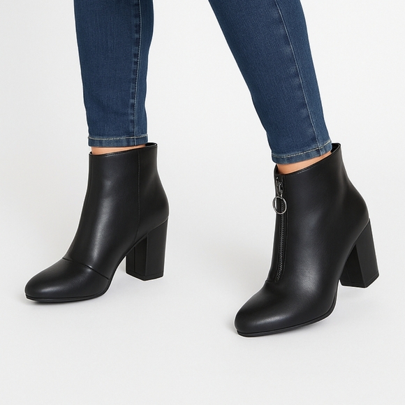 Black Zip Faux Leather Ankle Boot Black Pointed toe Block Heel 8 - Picture 1 of 9